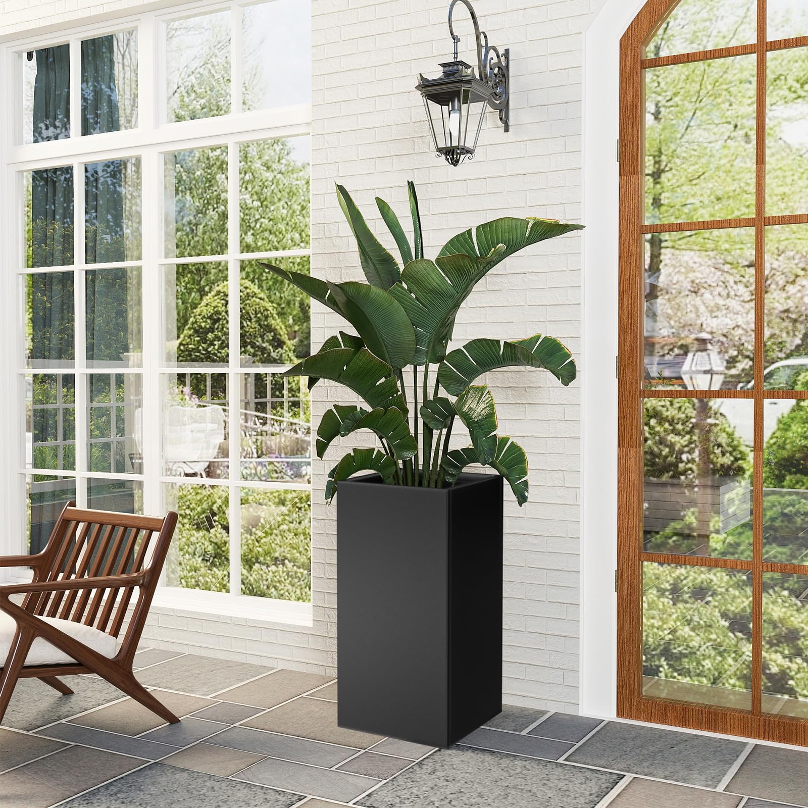 Baotree planter next to person and plant showing scale and space-saving benefit