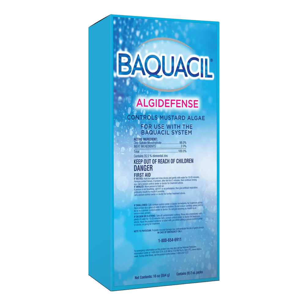 Baquacil front packaging showing AlgiDefense pouches and benefits