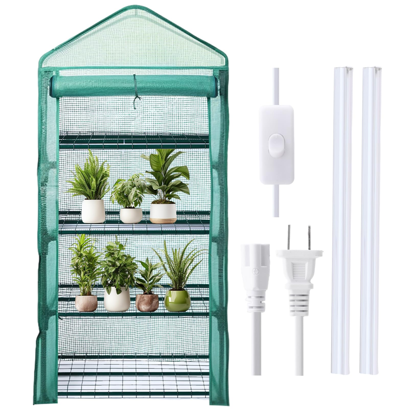 Baquler front view of assembled greenhouse showing organized seedlings and benefits of space saving