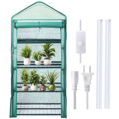 Baquler front view of assembled greenhouse showing organized seedlings and benefits of space saving