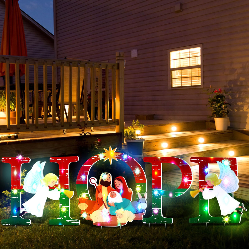 Baquler front view of HOPE yard signs showing clear nativity message and festive colors