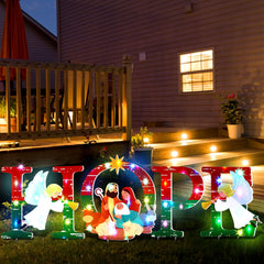 Baquler front view of HOPE yard signs showing clear nativity message and festive colors