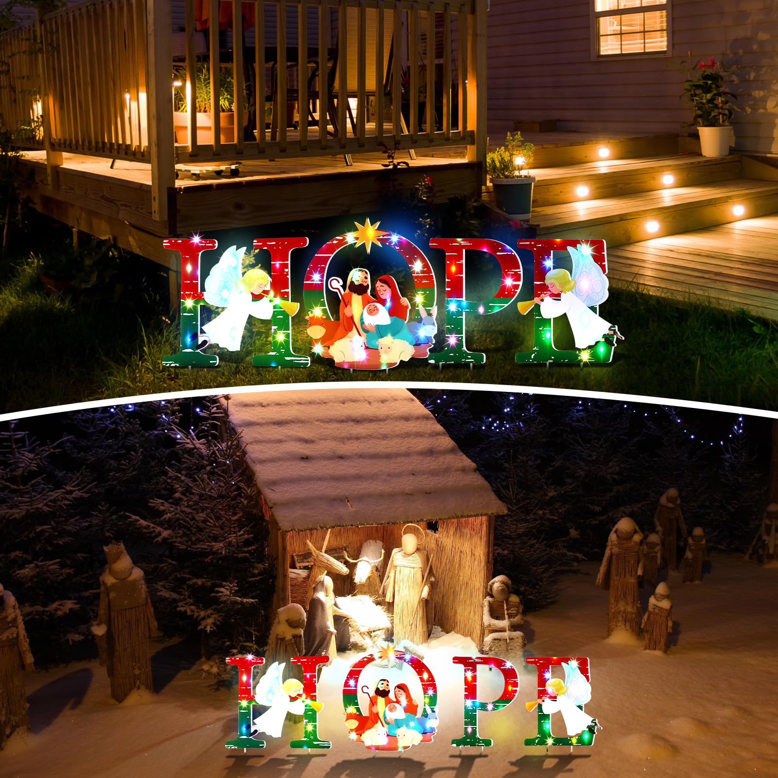 Baquler nighttime display illuminated showing bright readable holiday message