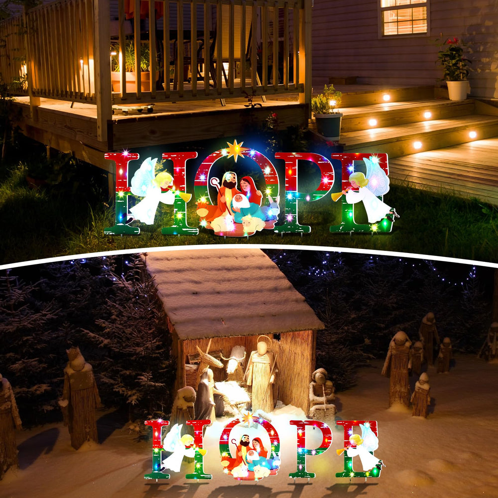 Baquler nighttime display illuminated showing bright readable holiday message