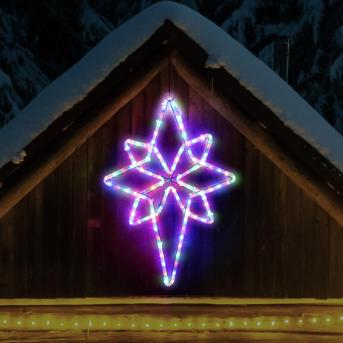 Baquler front view of colorful Star of Bethlehem showing full illuminated design and curb appeal
