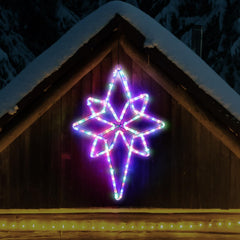 Baquler front view of colorful Star of Bethlehem showing full illuminated design and curb appeal