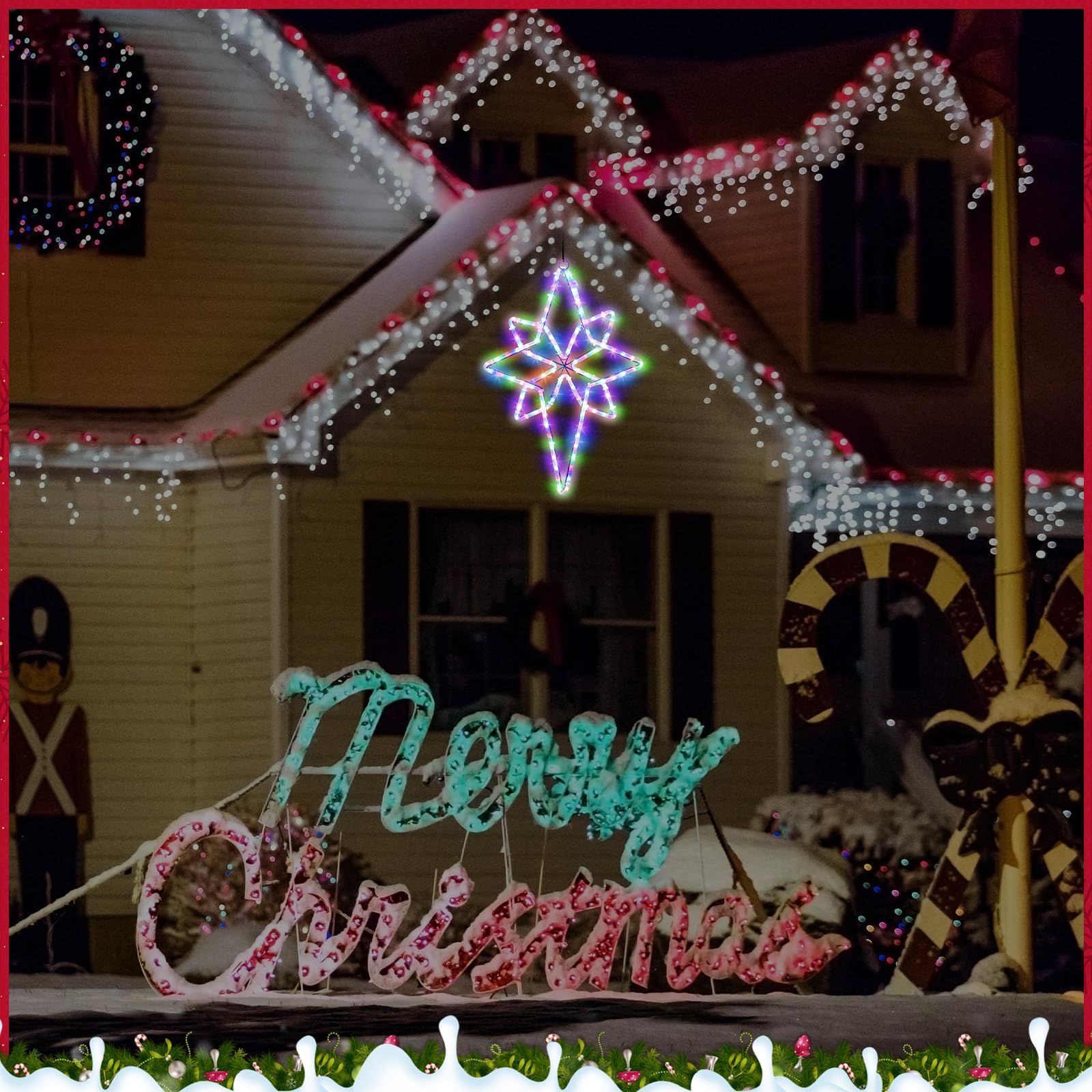 Baquler star installed on porch at night providing festive colorful outdoor ambiance