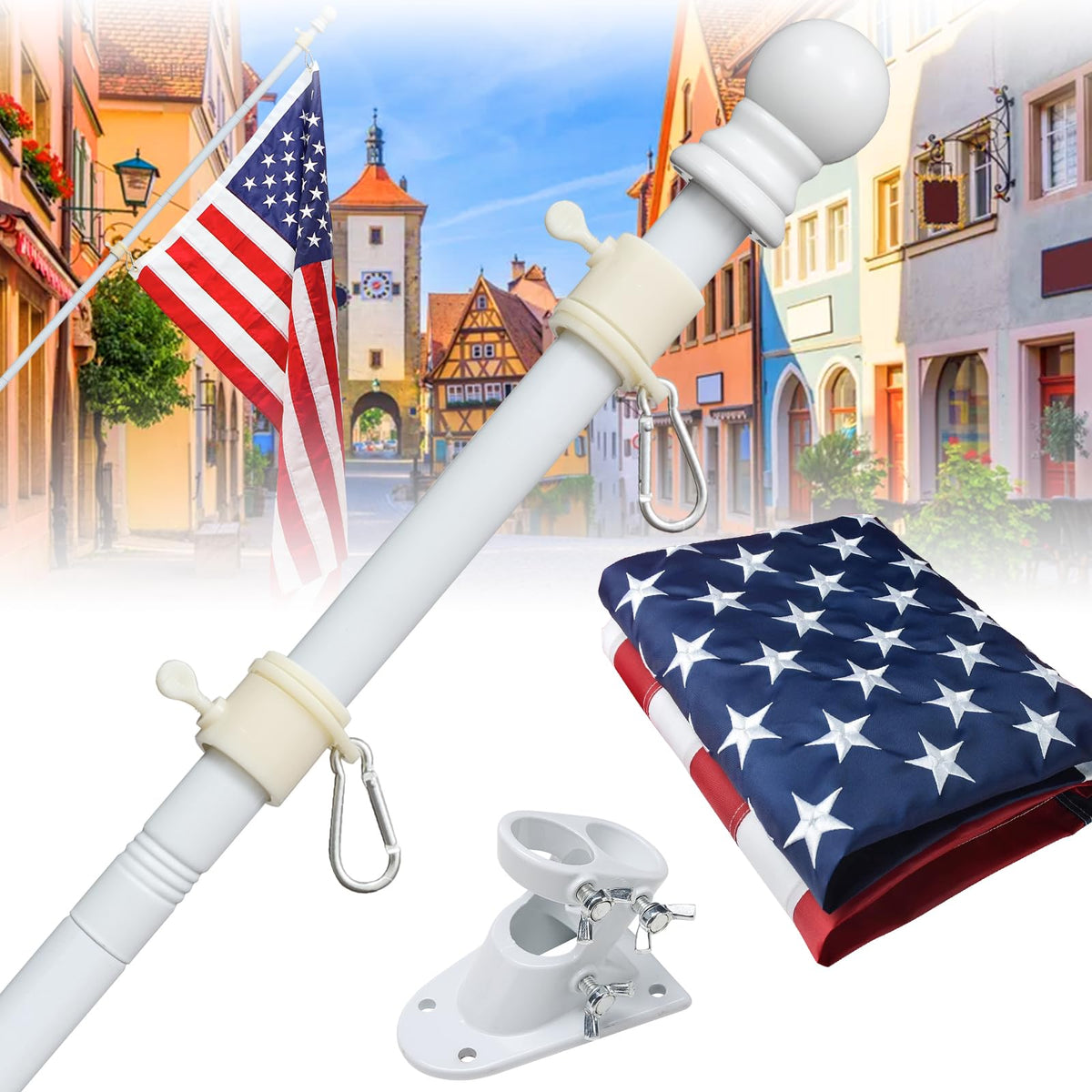 Barcetine front view of assembled kit showing flag and pole, durable outdoor display