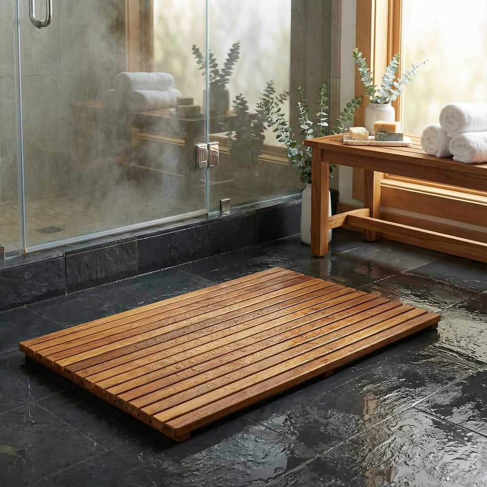 Bare Decor teak mat placed at shower exit offering slip-resistant surface