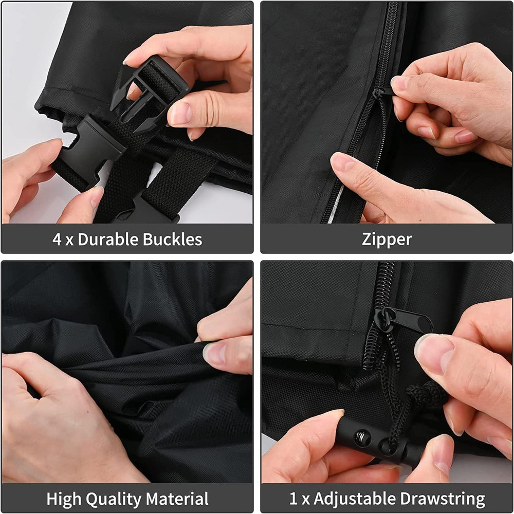 Barlic base drawstring and hitches securing cover against wind