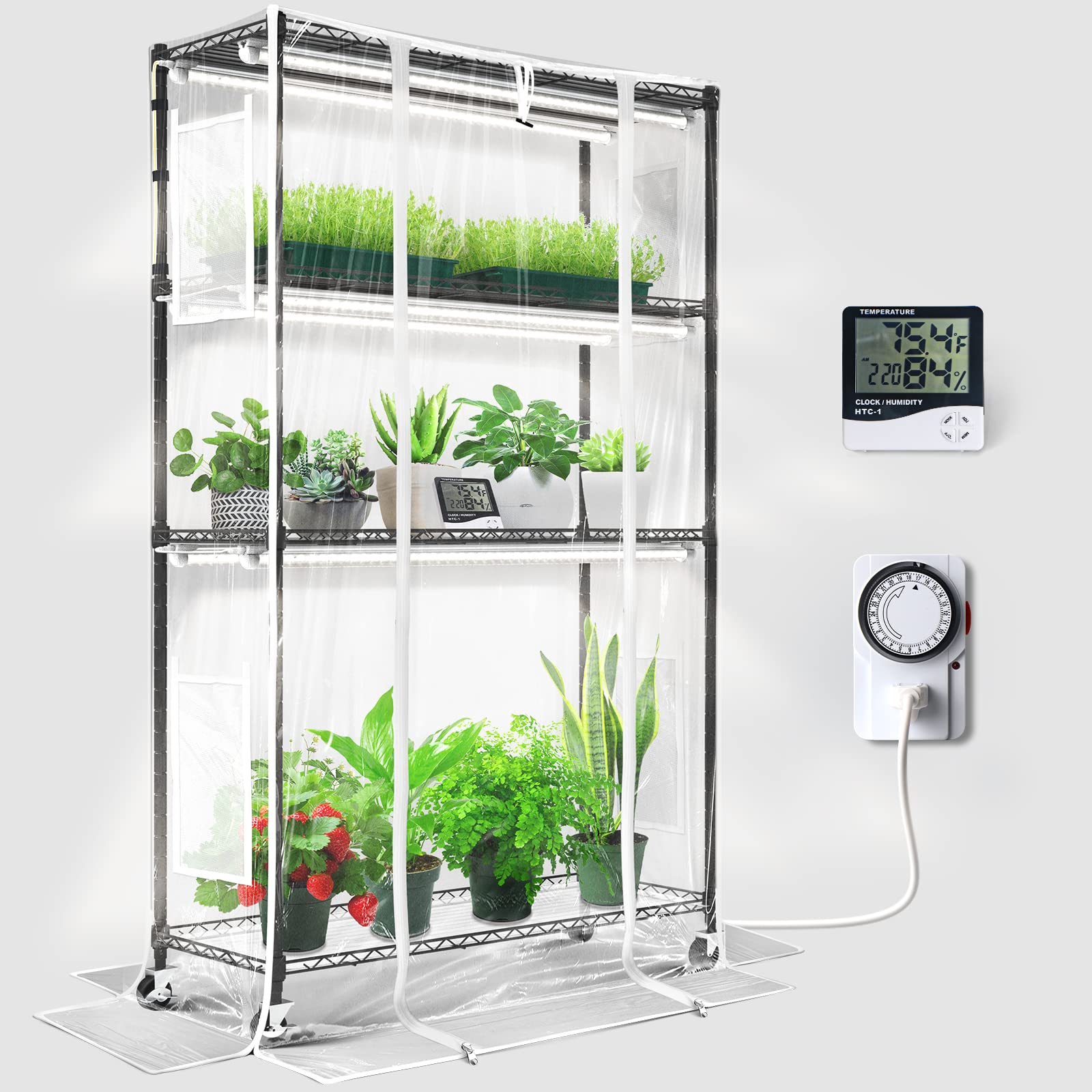 Barrina front view of assembled greenhouse showing compact multi-tier layout and organized plants