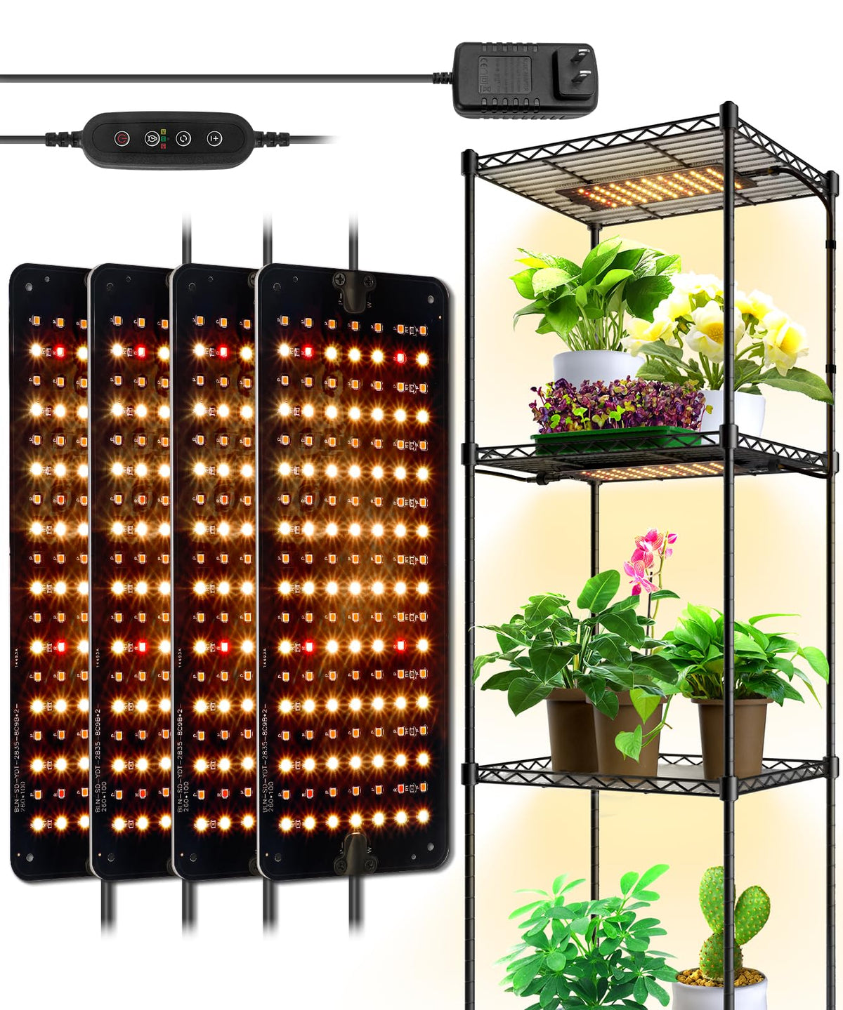 Barrina front view of four slim grow light panels showing even light coverage and energy efficiency