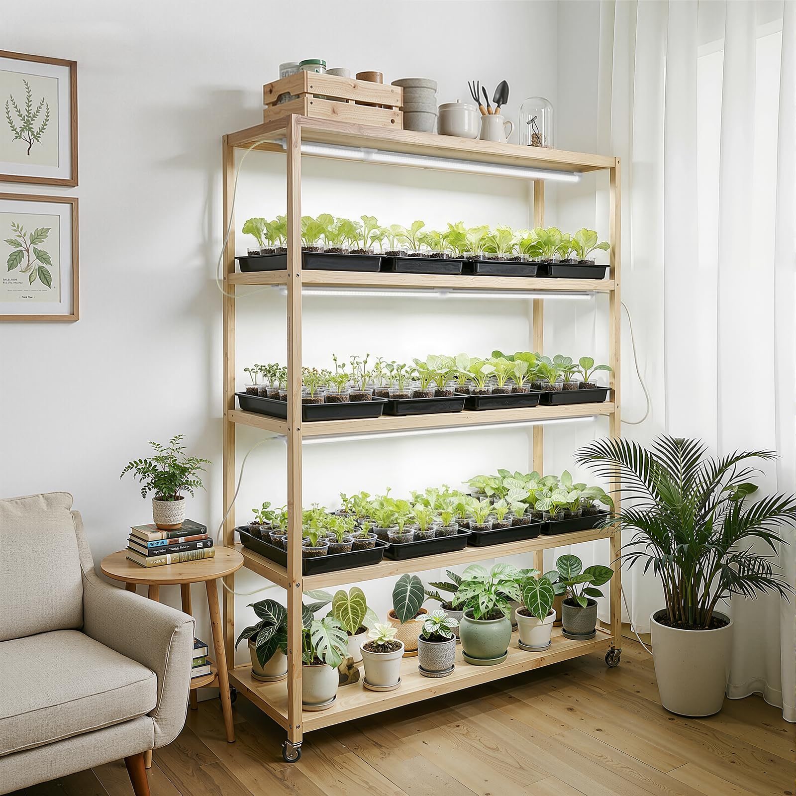 Barrina mounted on plant shelf demonstrating uniform coverage and healthier seedlings benefit