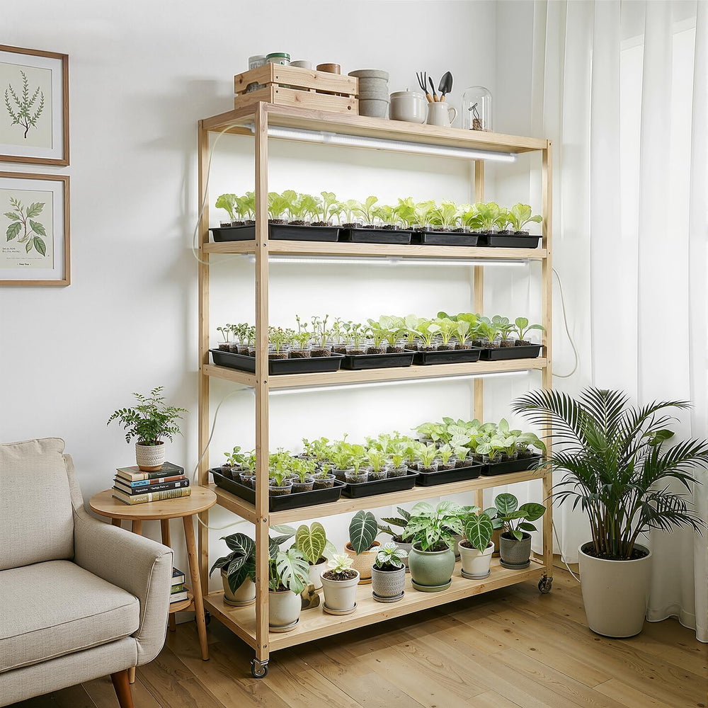 Barrina mounted on plant shelf demonstrating uniform coverage and healthier seedlings benefit