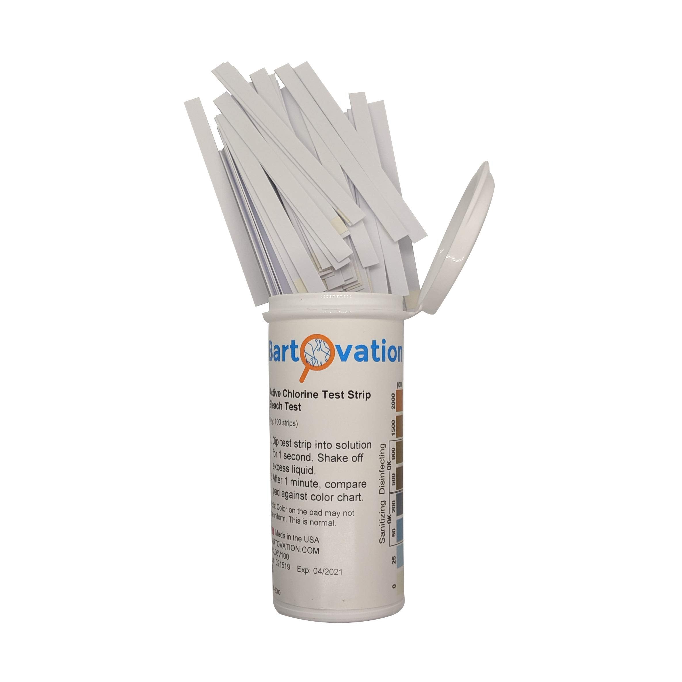 Bartovation test strip dipped in solution demonstrating fast on-site chlorine check