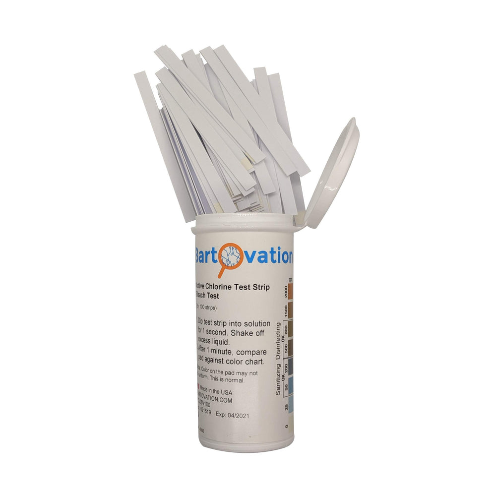 Bartovation test strip dipped in solution demonstrating fast on-site chlorine check