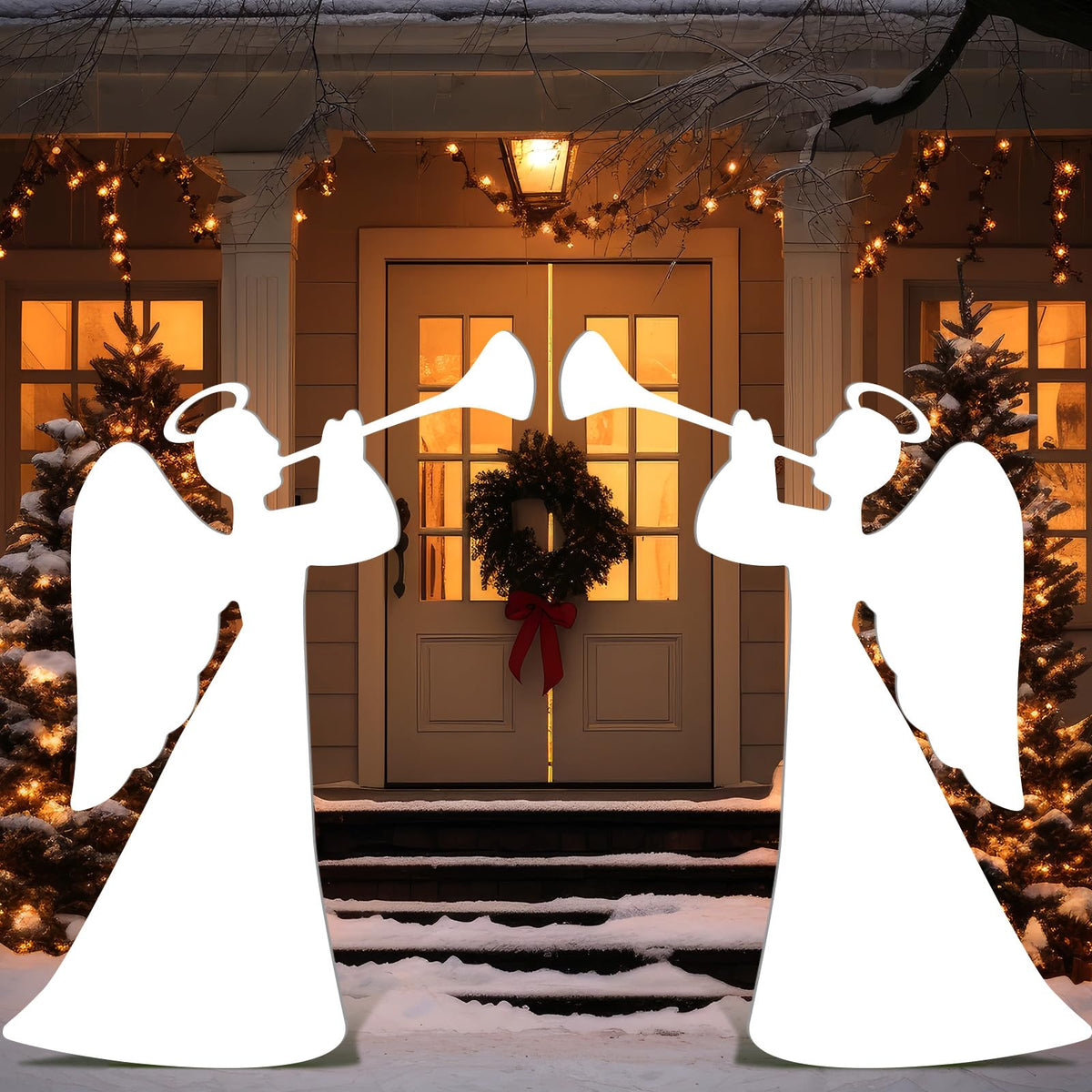 Barydat front view of trumpeting angel yard sign showing clear festive shape and curb appeal