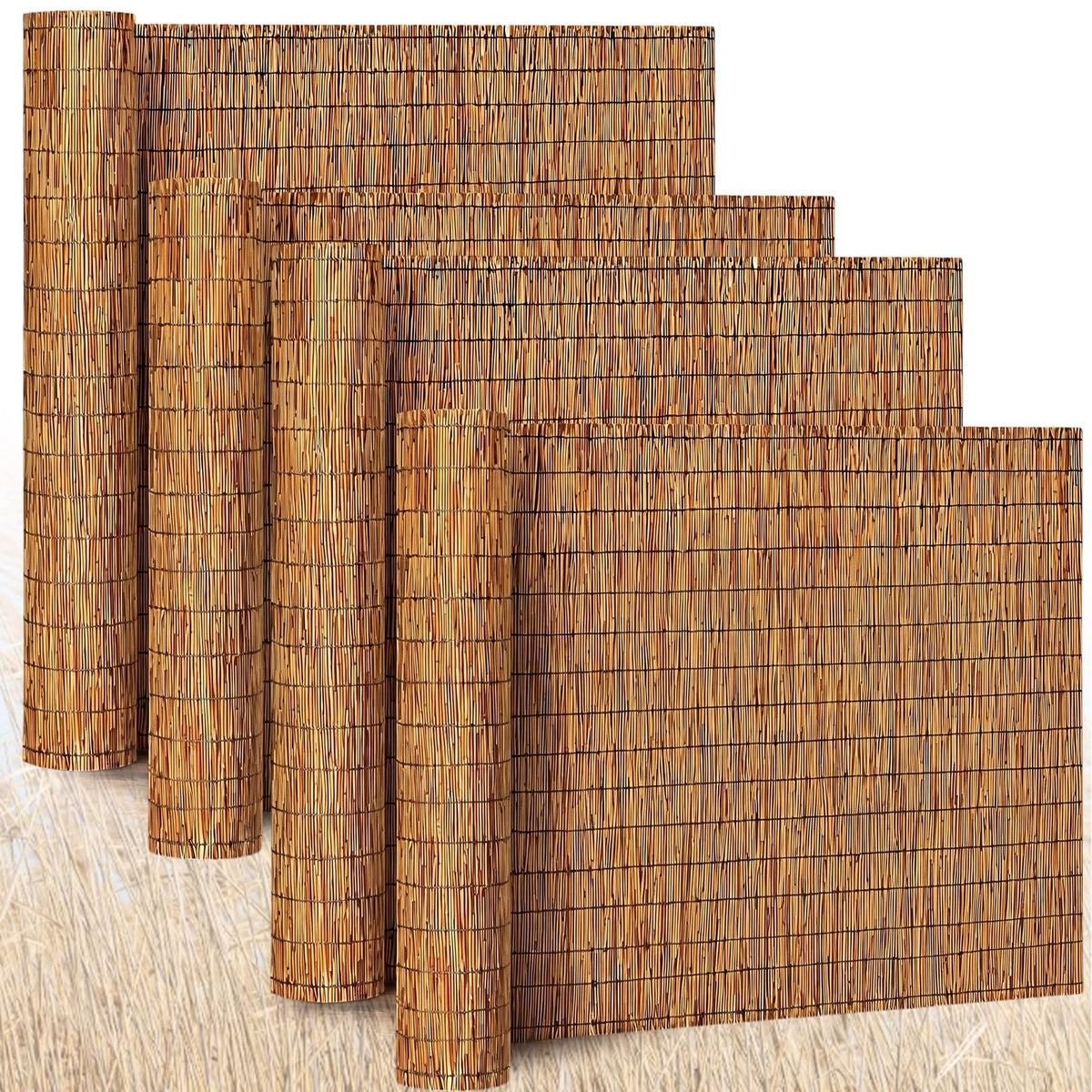 Barydat front view of four reed fence rolls showing compact packaging and convenience