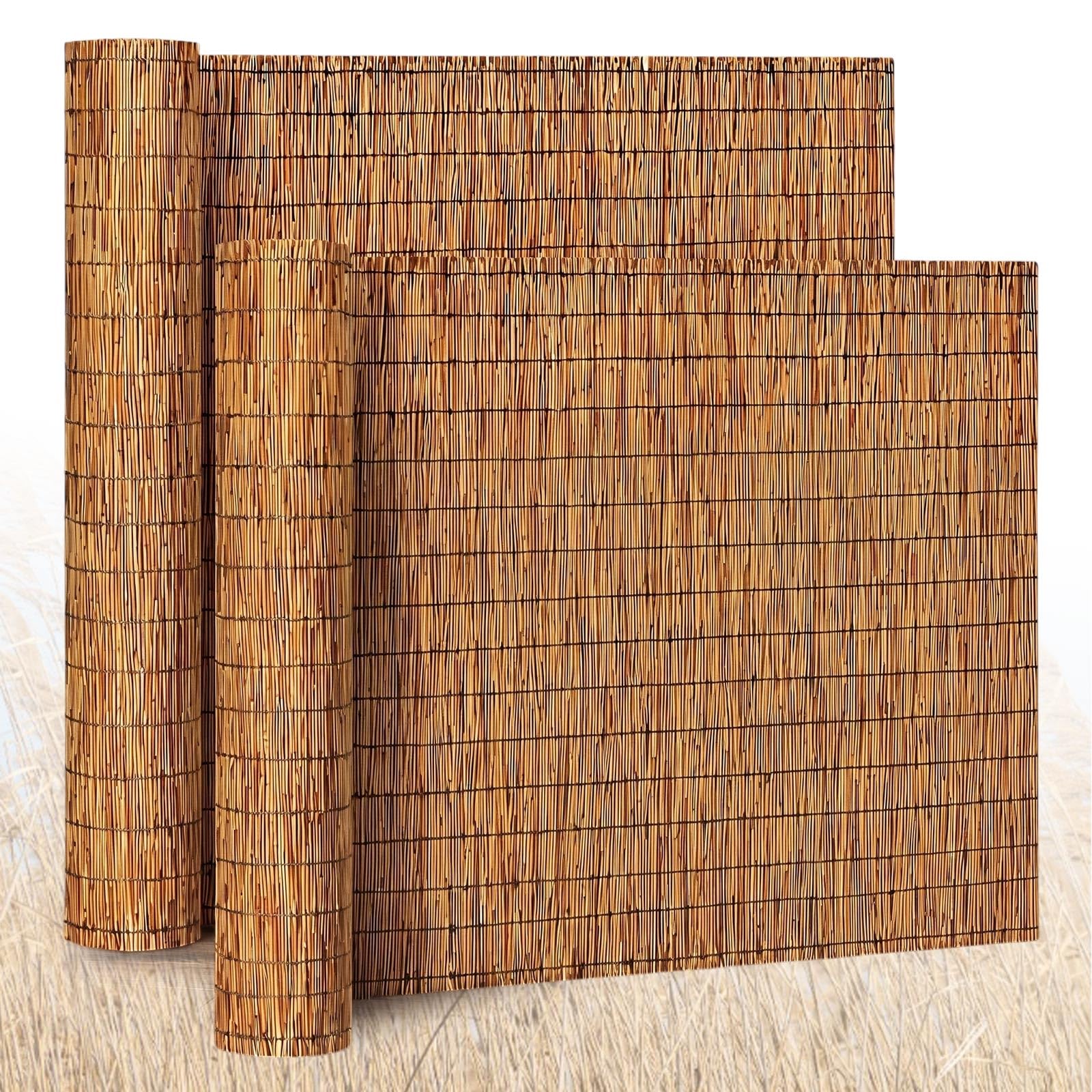 Barydat front view of two reed fence rolls showing compact packaging and ease