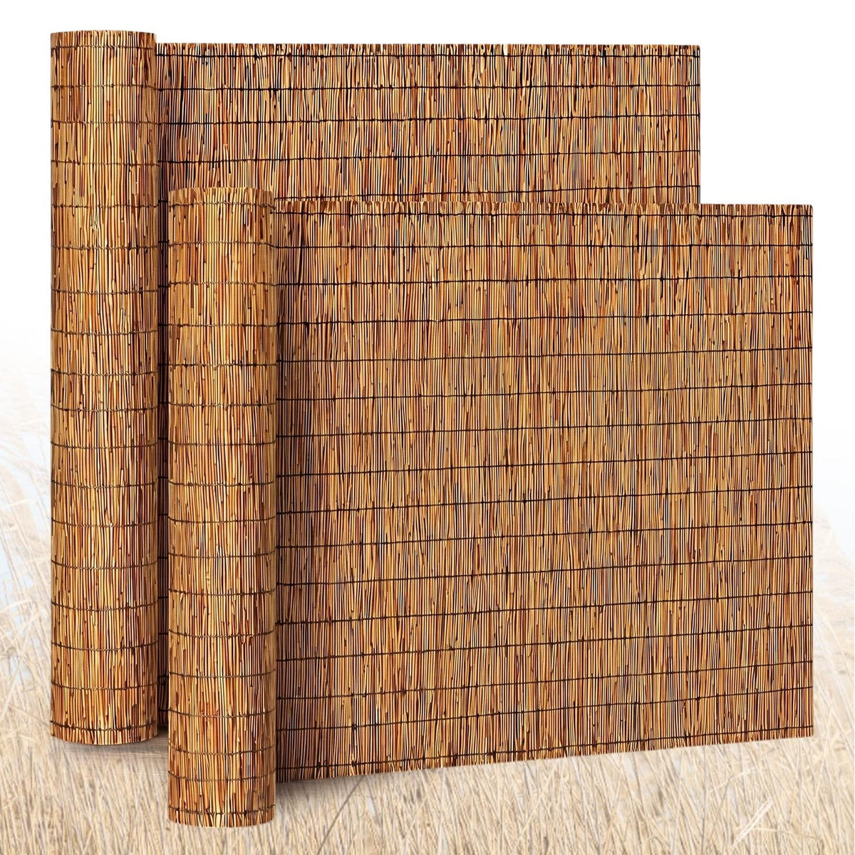Barydat front view of two reed fence rolls showing compact packaging and ease