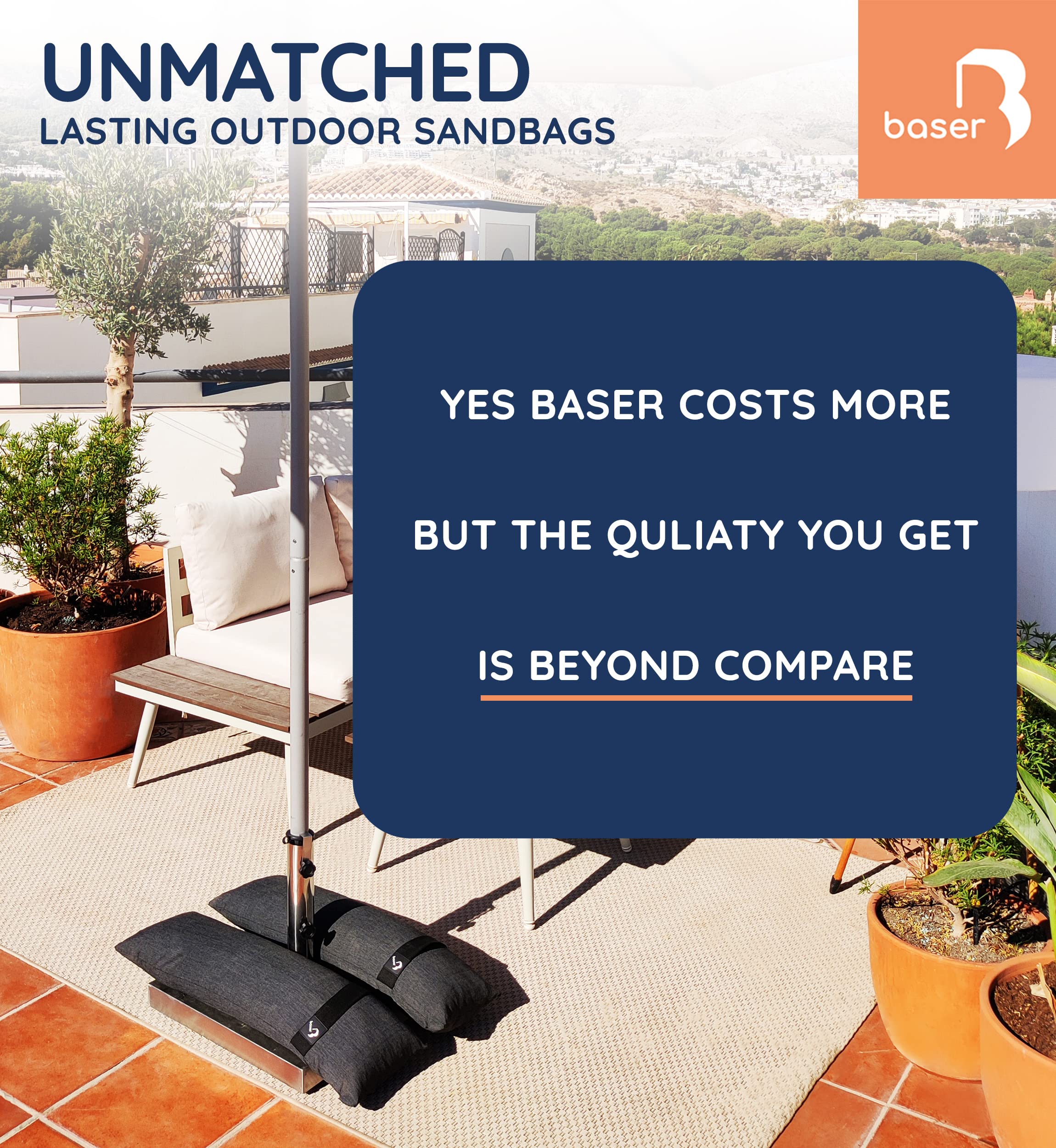 Baser sandbags on patio stabilizing furniture showing reliable outdoor security benefit
