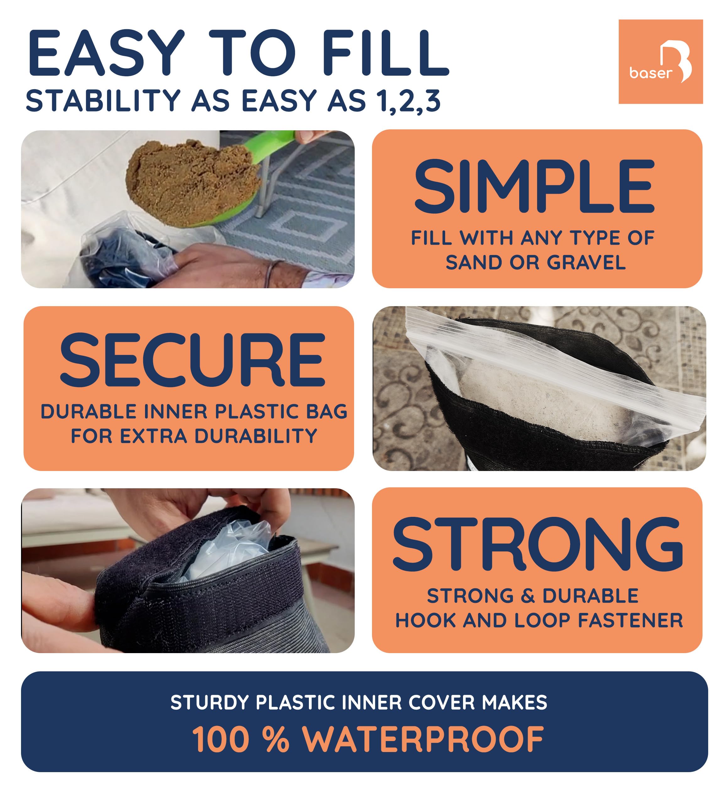 Baser sandbag next to hand for scale showing compact, portable storage benefit