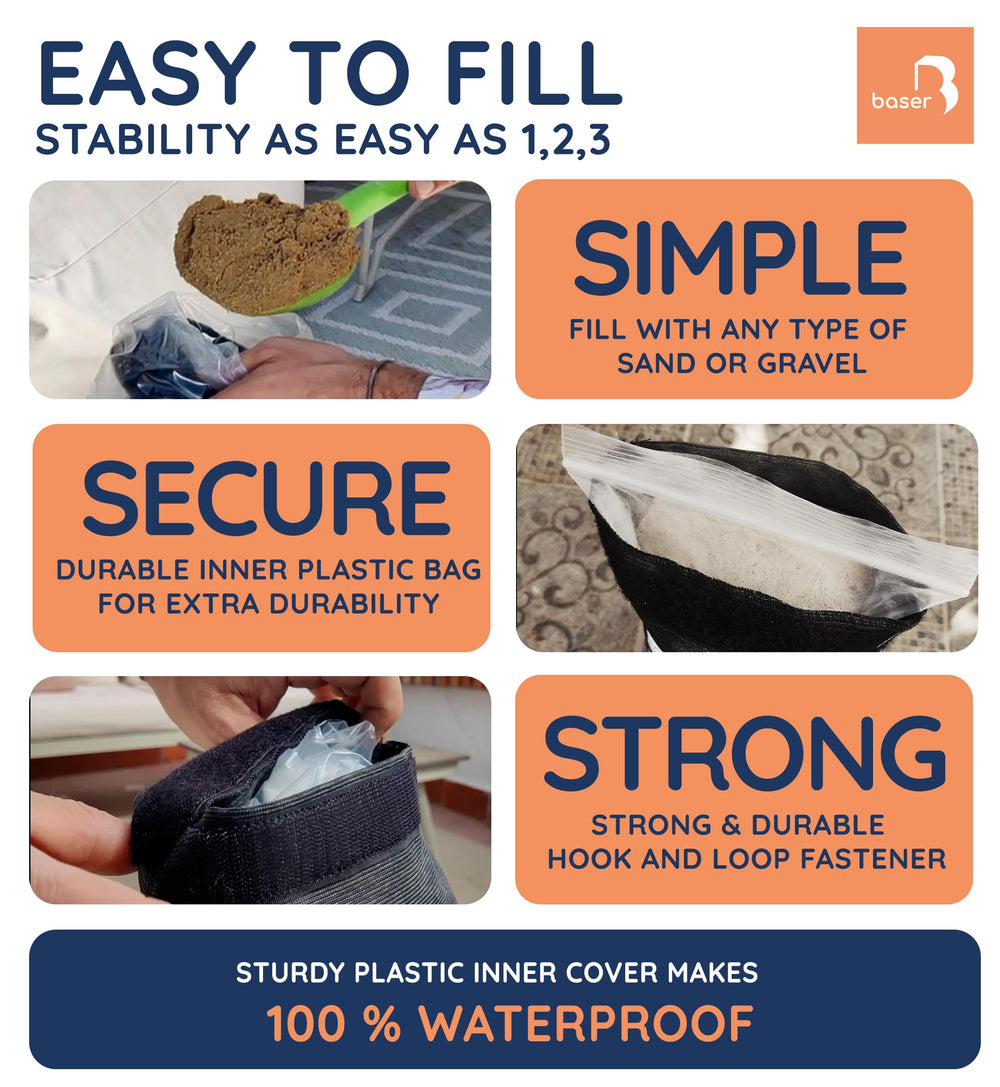 Baser sandbag next to hand for scale showing compact, portable storage benefit