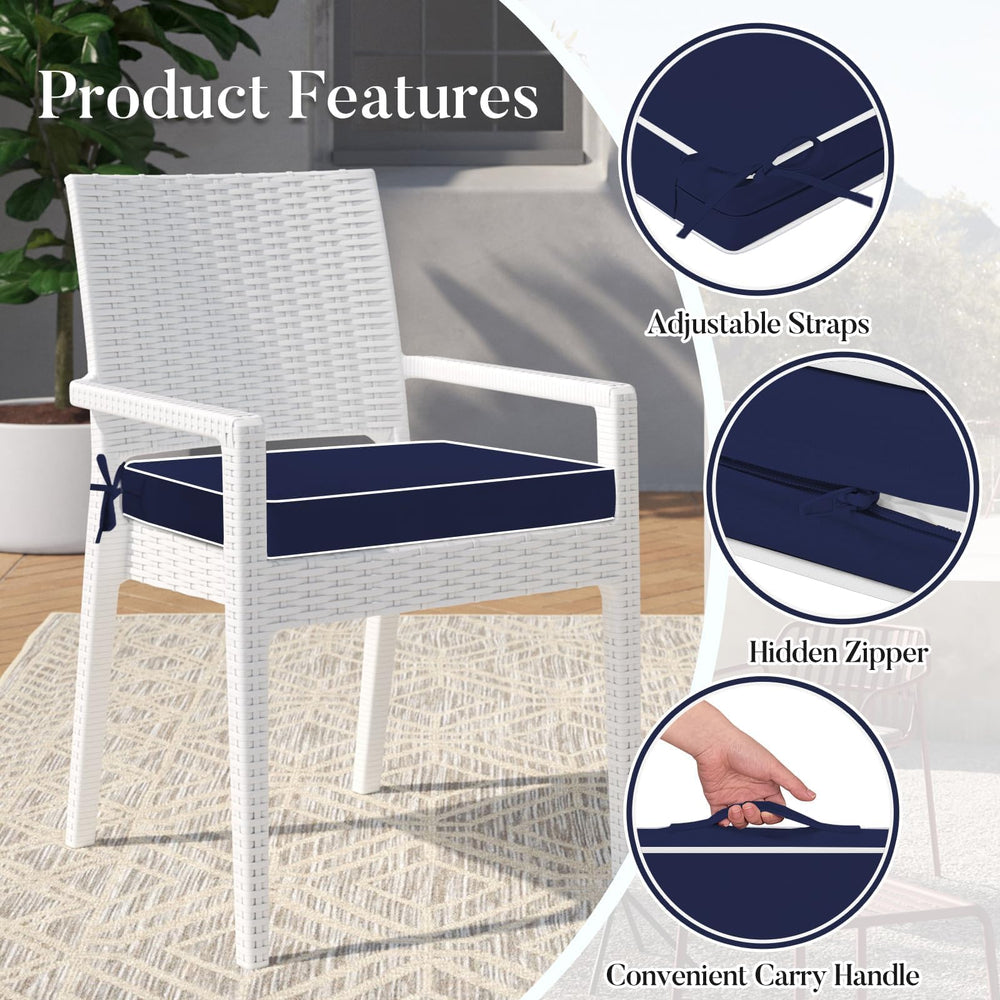 Basic Beyond cushion secured on a patio chair illustrating stable seating and comfort benefit