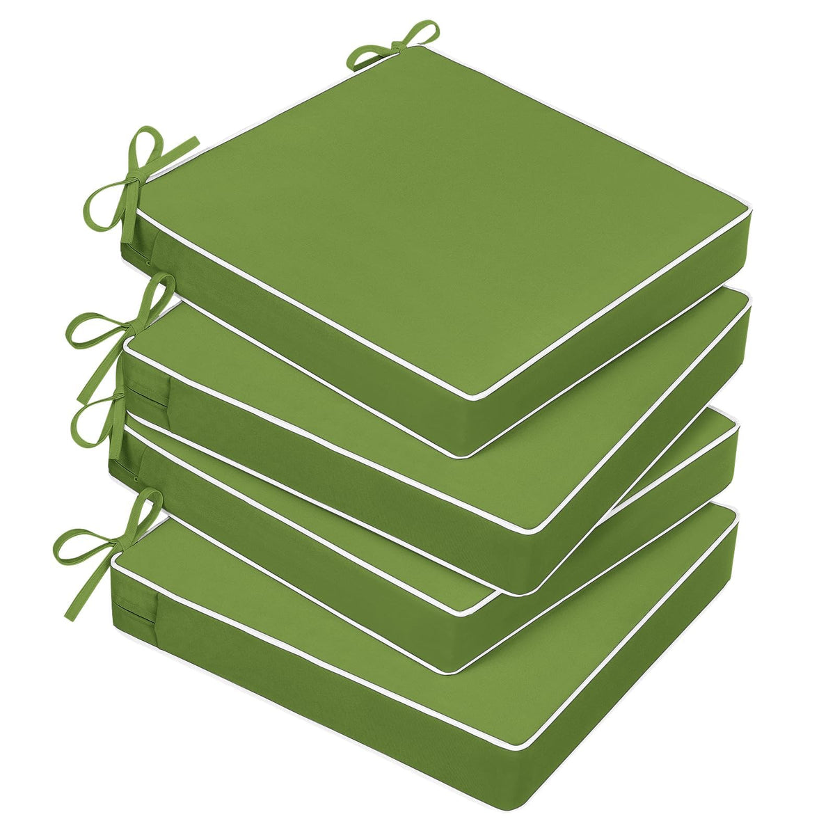 Basic Beyond front view of four grass green cushions showing pattern and fit