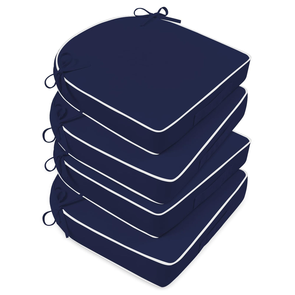 Basic Beyond front packaging showing four navy blue white cushions, clear benefit of set convenience