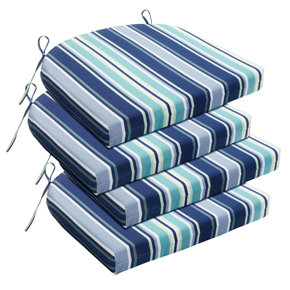 Basic Beyond front packaging showing set of four pinstriped blue cushions and benefits