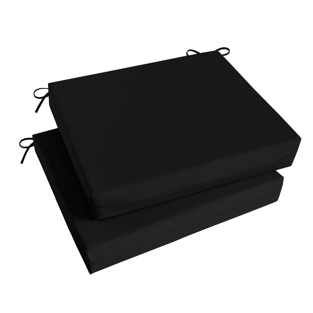 Basic Beyond front view of both black cushions showing clean square corners and neat finish for instant comfort