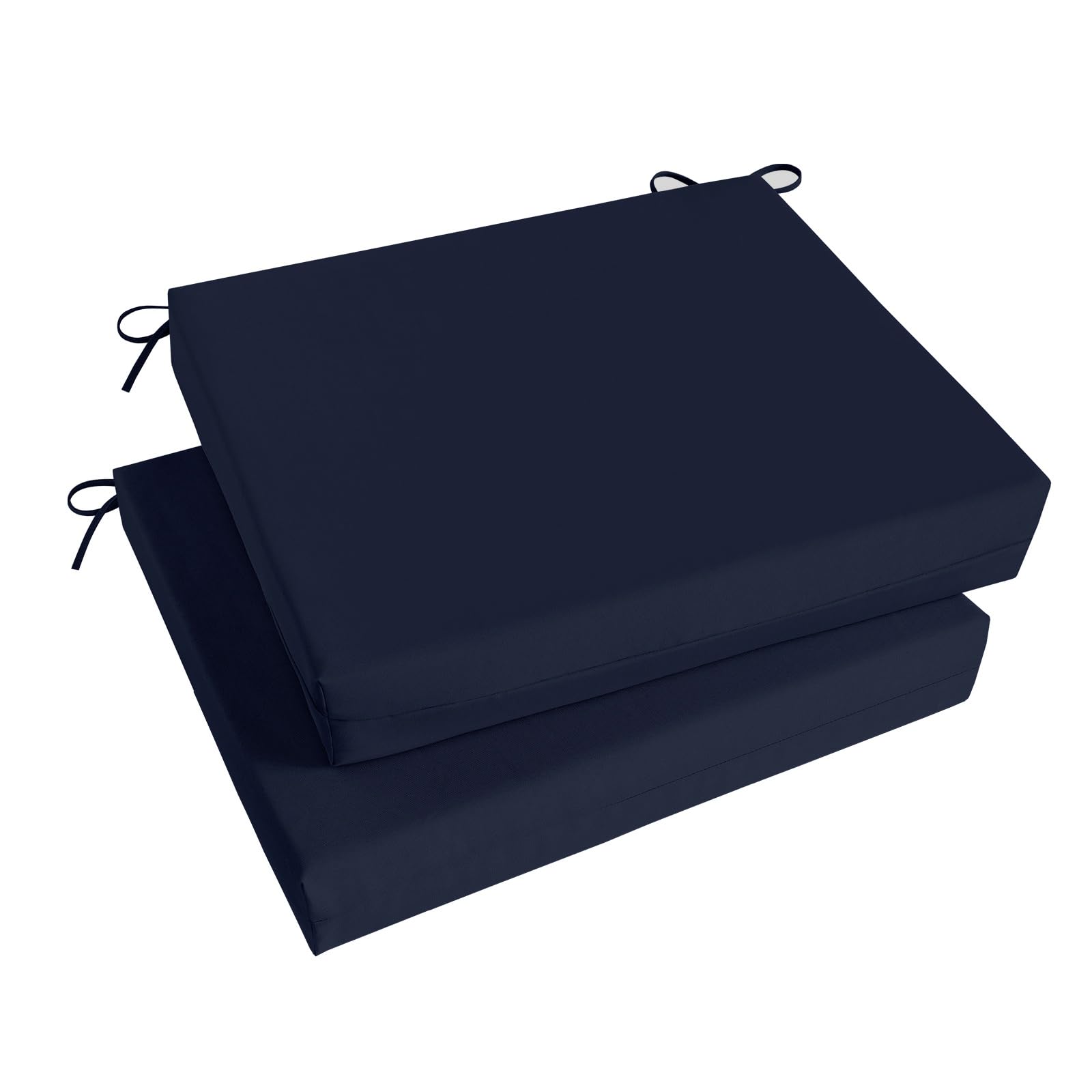 Basic Beyond front view of two navy cushions showing clean lines and fit