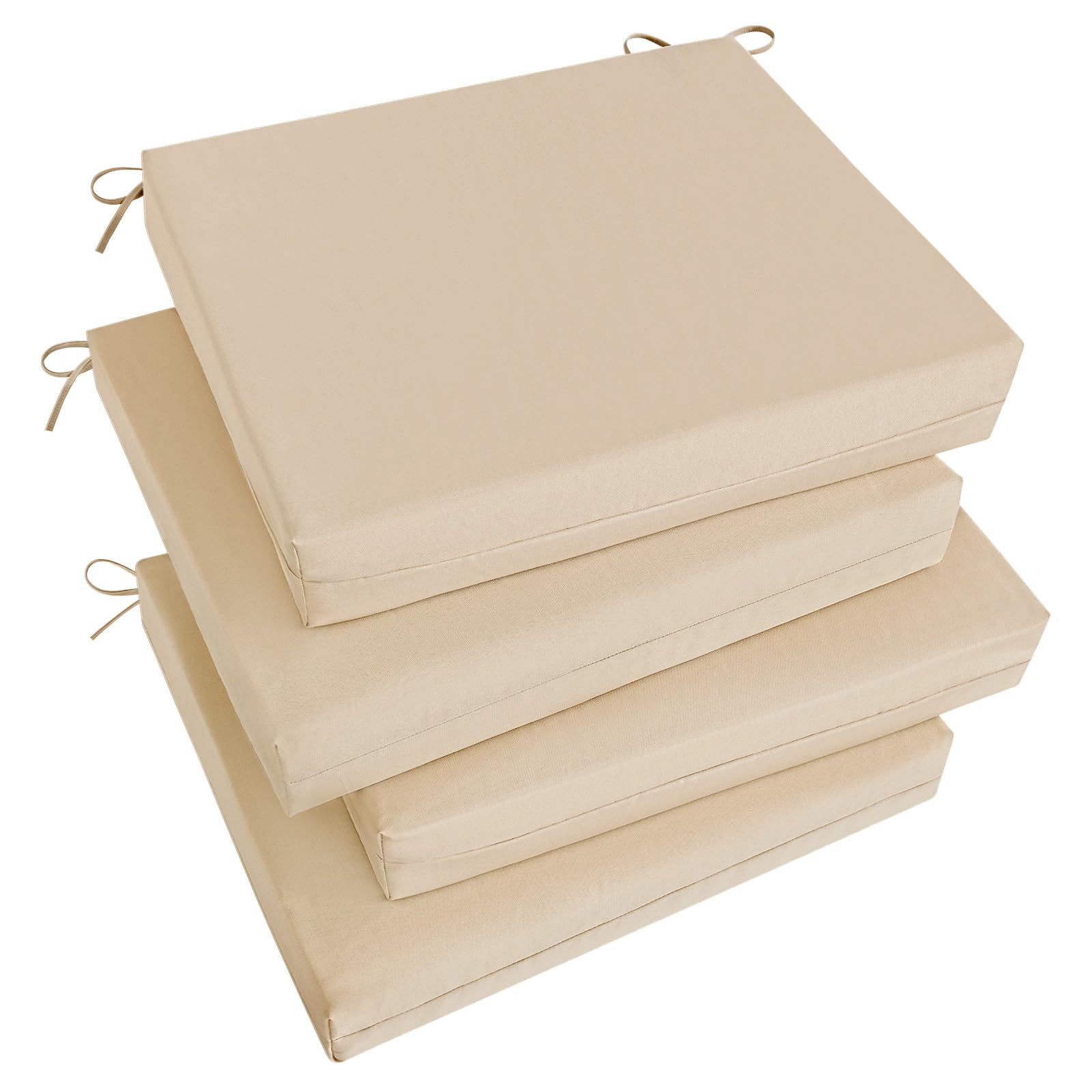Basic Beyond front view of four beige cushions showing uniform set and neat edges