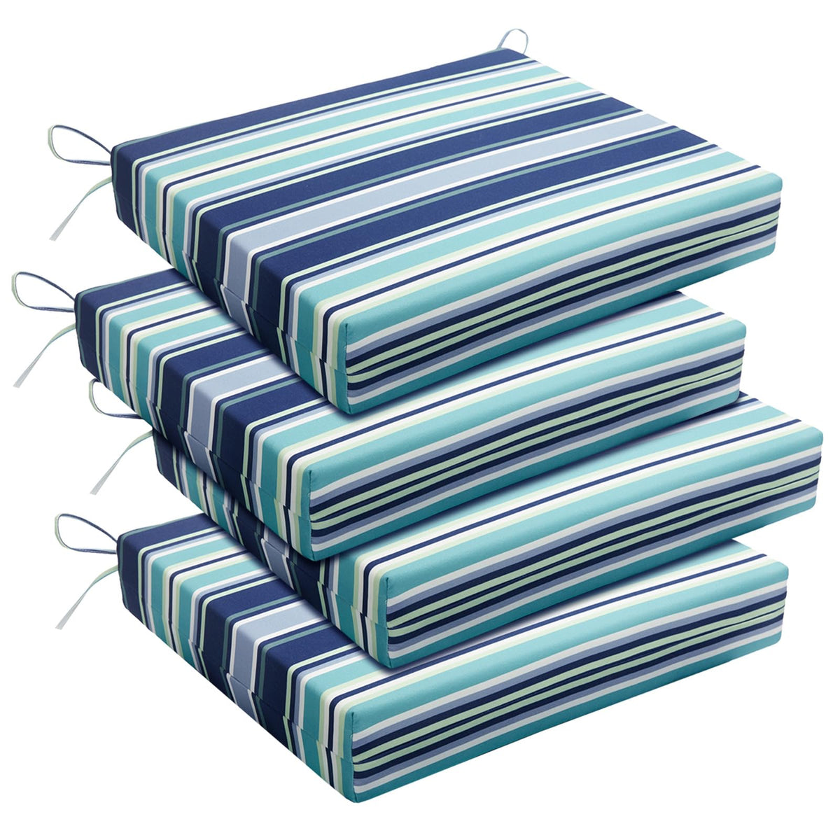 Basic Beyond front view of pinstriped blue cushions showing neat square corners and style benefit