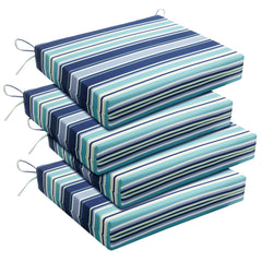 Basic Beyond front view of pinstriped blue cushions showing neat square corners and style benefit
