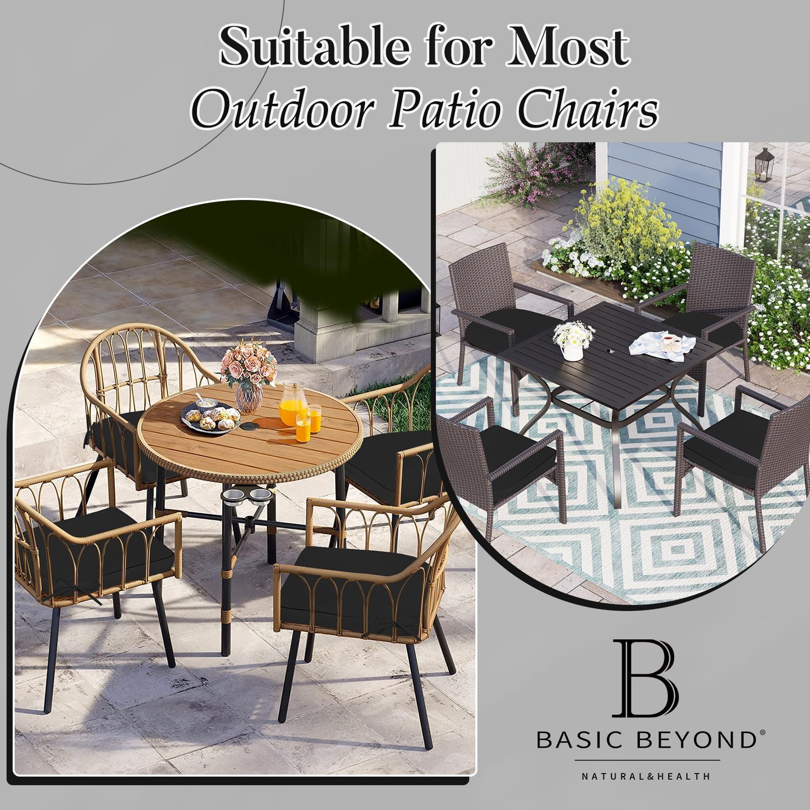 Basic Beyond cushions styled on a terrace showing weather-ready comfort and modern look