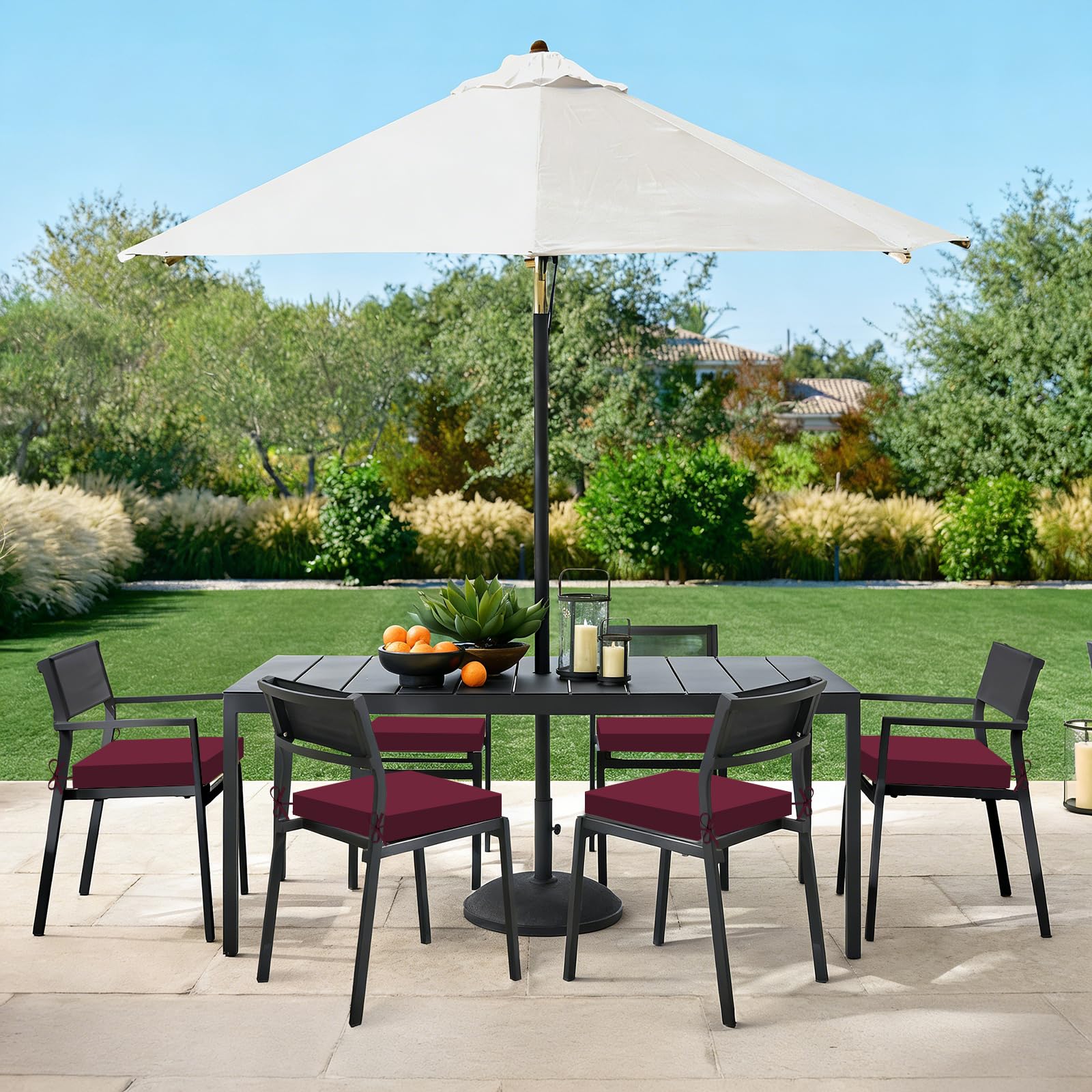 Basic Beyond cushion on a chair for scale demonstrating fit on standard patio seating