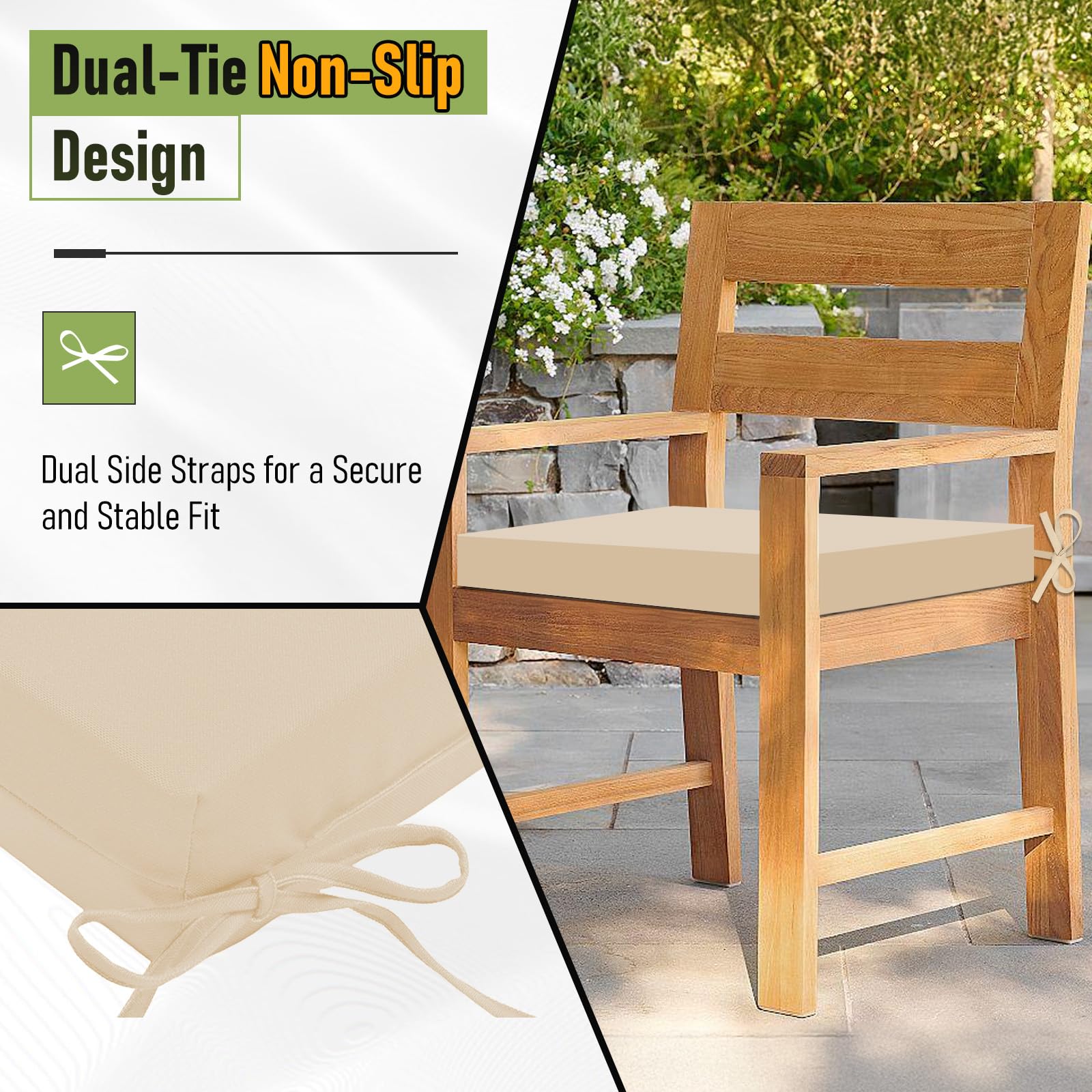 Basic Beyond strap detail showing ties that secure cushions in place