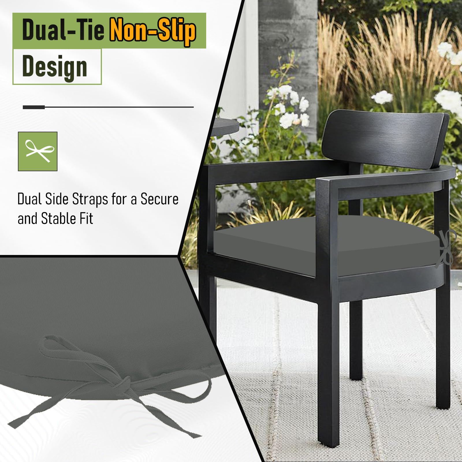 Basic Beyond strap detail showing tie straps keeping cushion stable on chairs benefit