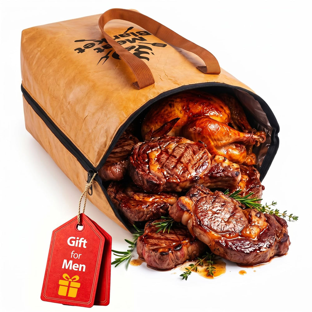 Basinel front view of BBQ blanket showcasing roomy insulated bag and secure zipper, keeps meat warm