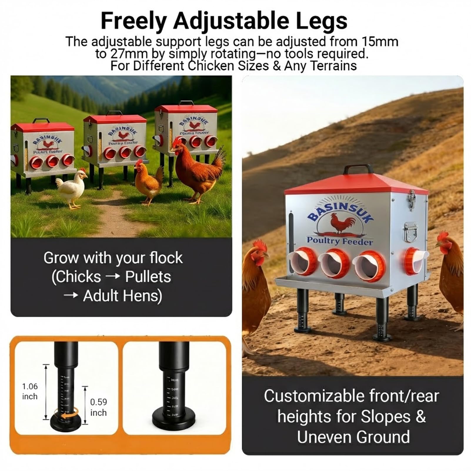 BASINSUK adjustable legs set on uneven ground for stable, level feeder placement