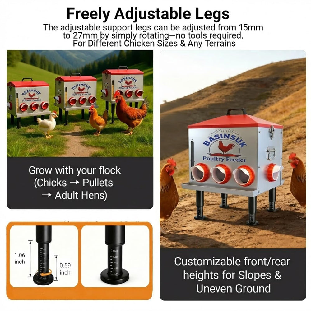 BASINSUK adjustable legs set on uneven ground for stable, level feeder placement