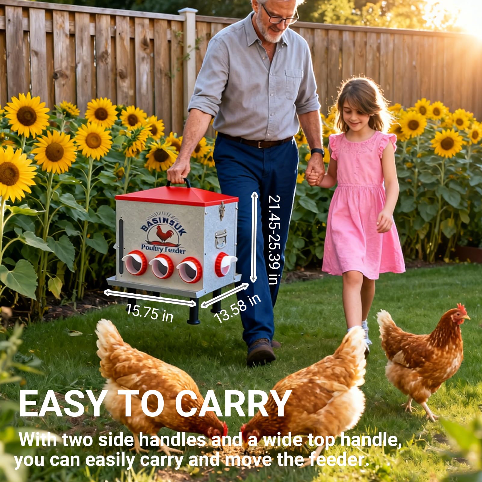 BASINSUK side and top handles used to carry feeder for easy transport and repositioning