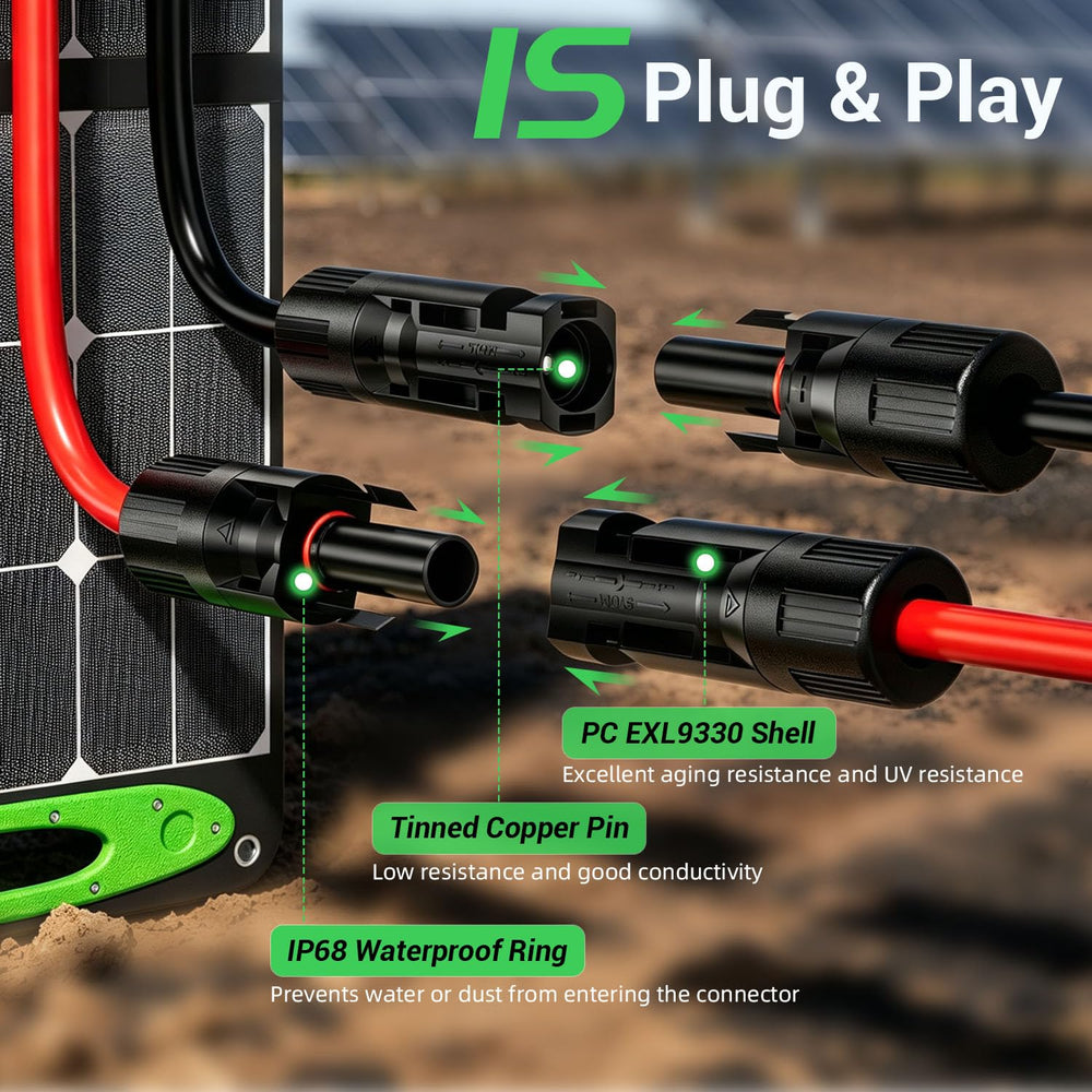 Bateria Power cable in use between a solar panel and a portable generator for efficient charging