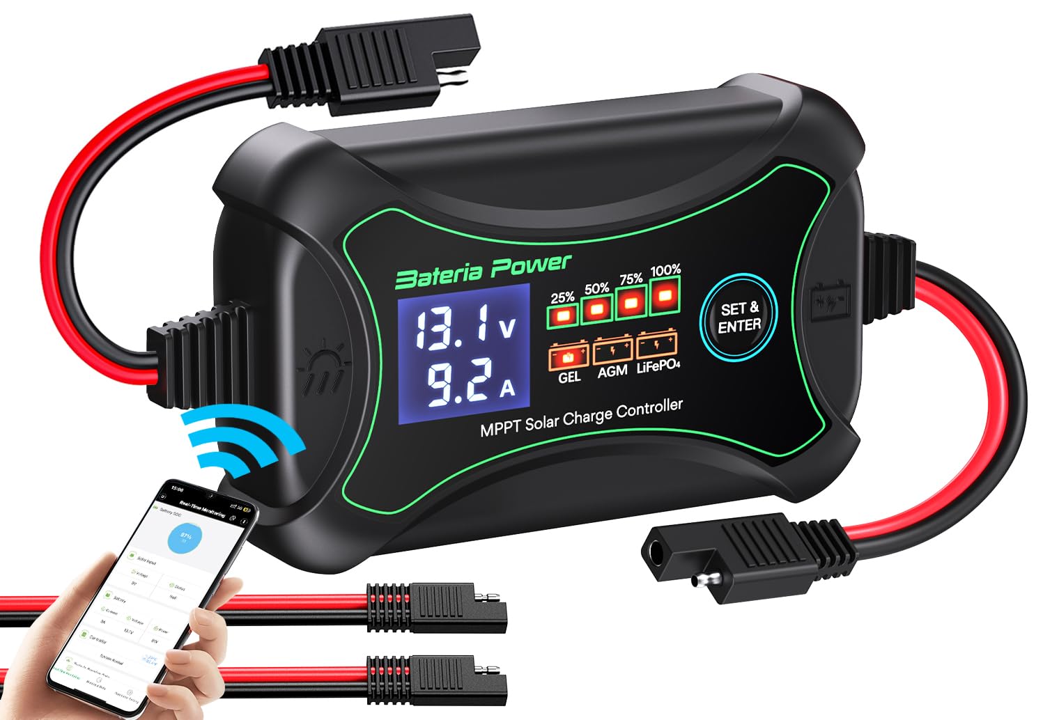 Bateria Power Sunrock 10Pro front panel showing connectors and compact design benefit