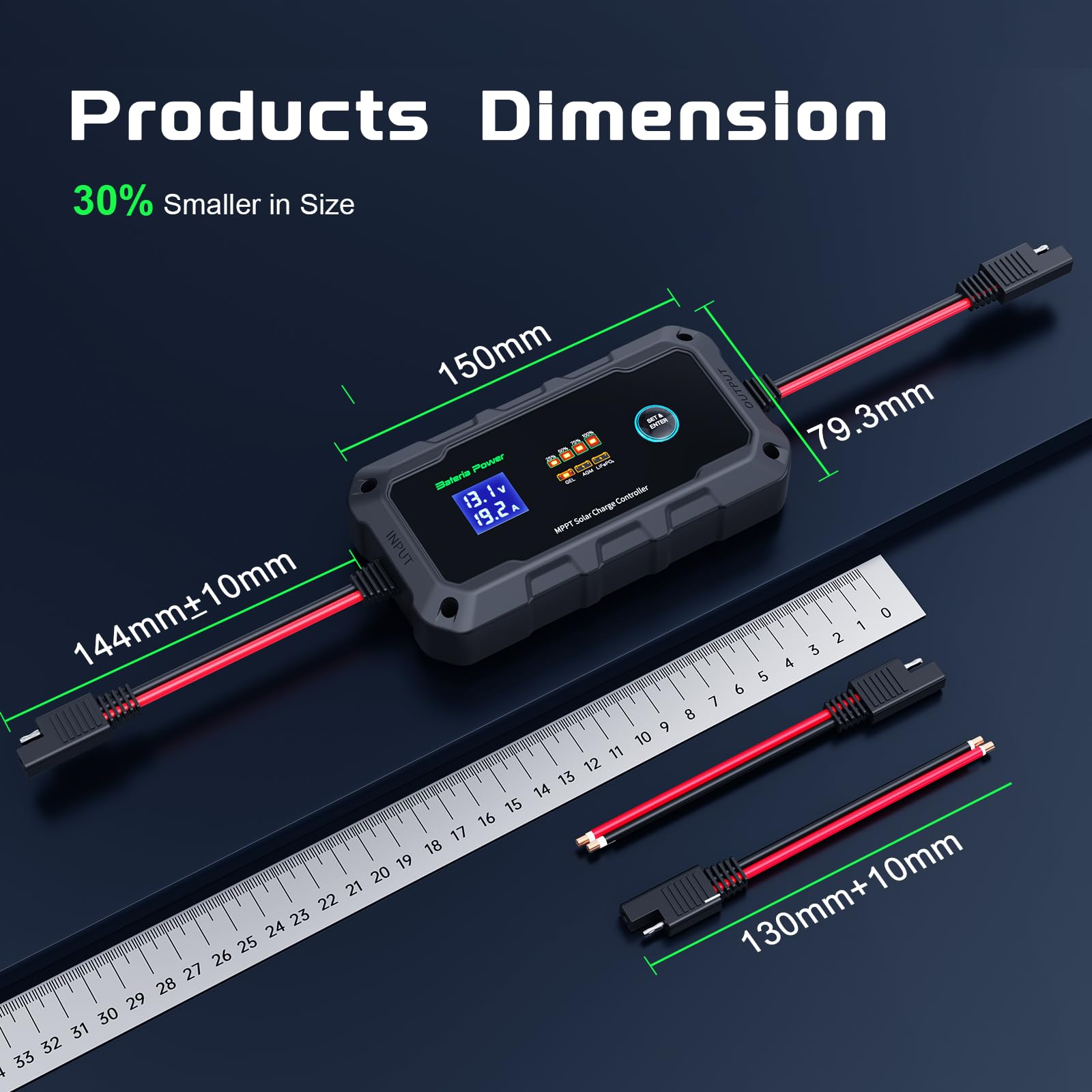 Bateria Power Sunrock 20Pro next to ruler showing compact size for tight spaces