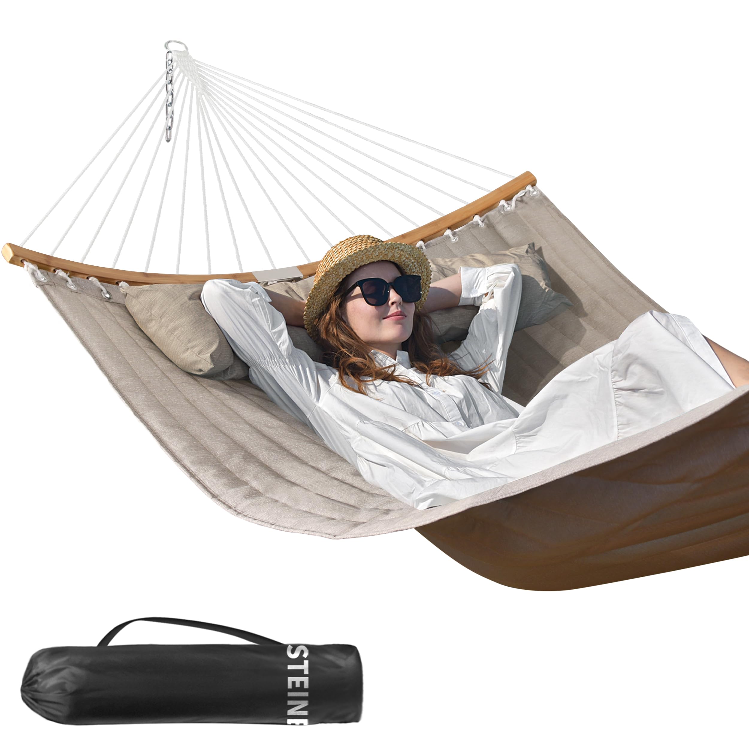 Bathonly double hammock front view showing spreader bar and pillow comfort