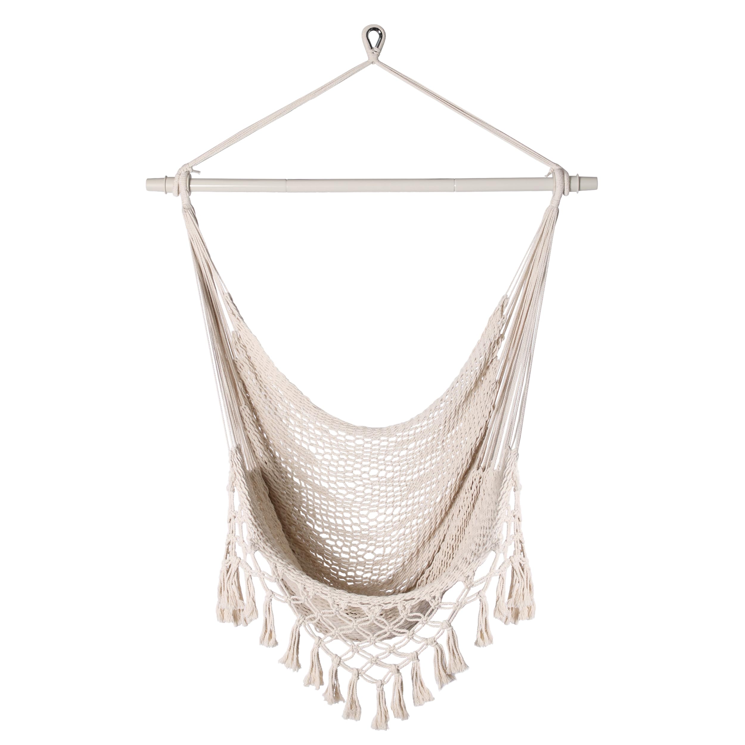 Bathonly front view of hanging chair showcasing full seat and tassels benefit comfort