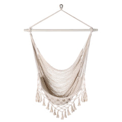Bathonly front view of hanging chair showcasing full seat and tassels benefit comfort